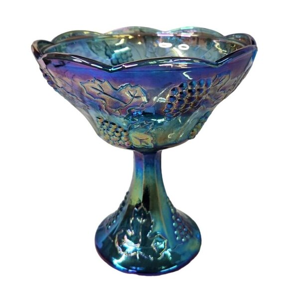 Indiana Glass, Made in USA Other - Vintage Indiana Iridescent Carnival Glass Grape Leaf Blue Compote Bowl Embossed